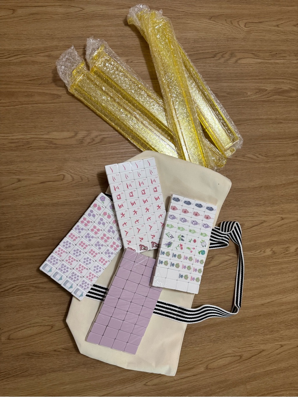 Mahjong Tiles with Yellow Hinged Racks and Canvas Tote